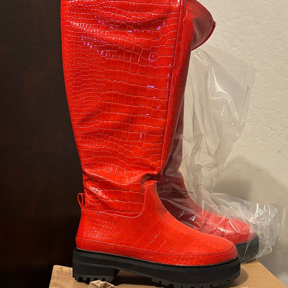 Urban Outfitters Orange Croc-Embossed Tall Boots